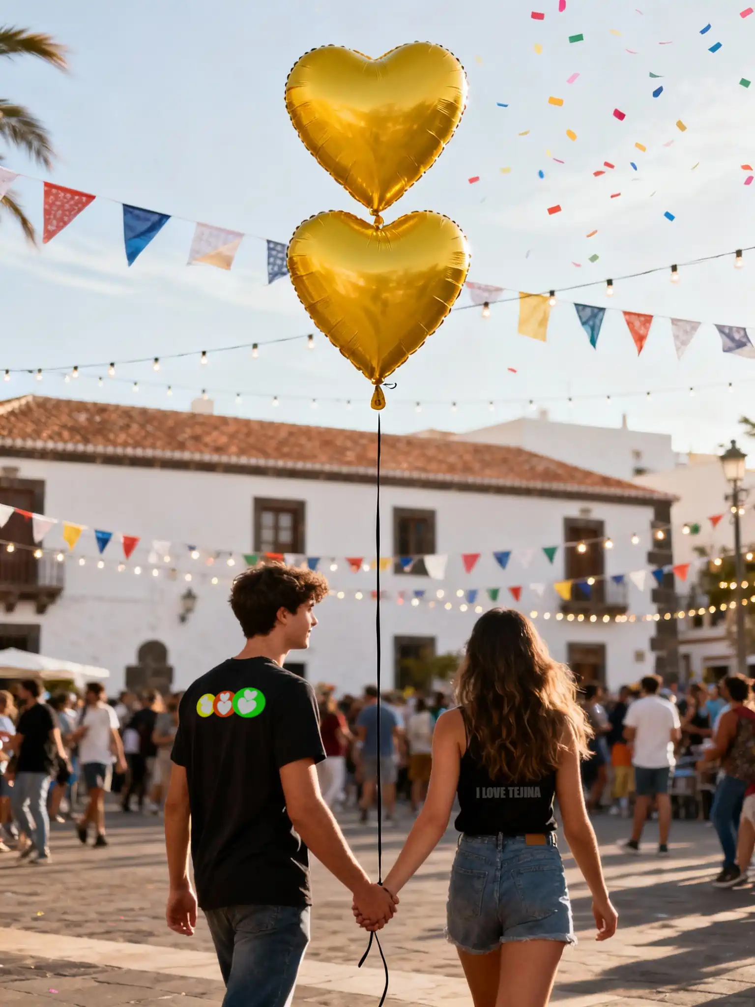 Pareja sosteniendo dos globos amarillos con forma de corazón