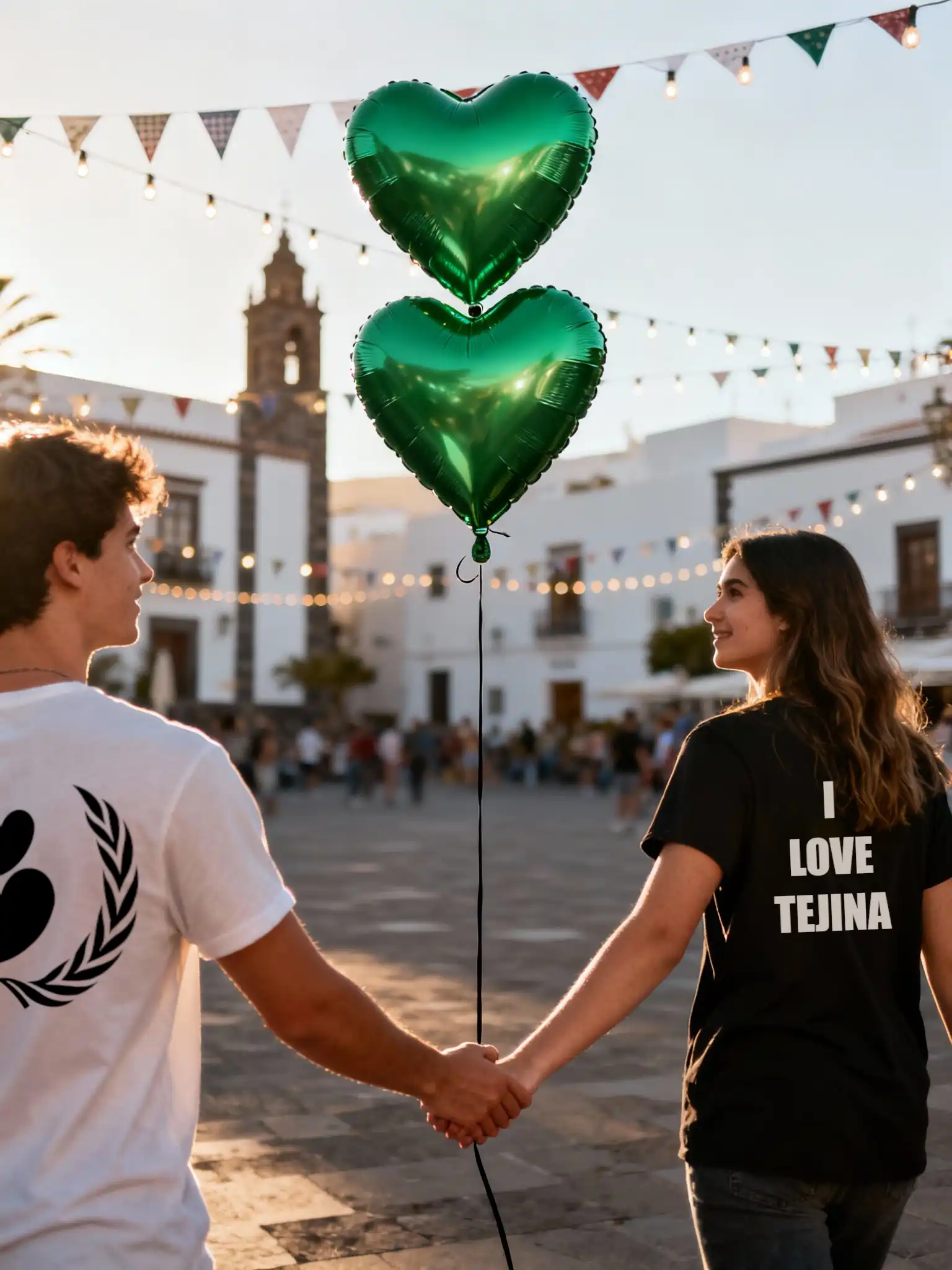 Pareja sosteniendo dos globos verdes con forma de corazón